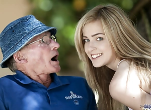 Lovely teen sucks grandpa outdoors coupled with that babe swallows it all